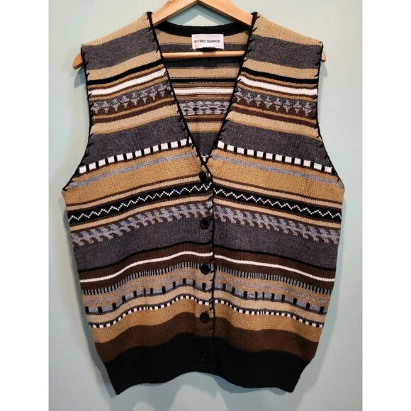Vtg Tan Brown Pattern Unisex Grandpa Granny Wool Blend Button Up Sweater Vest L - Picture 1 of 5
